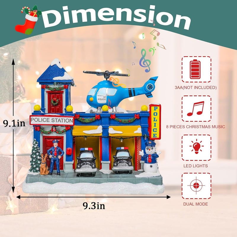 Vipush Christmas Village House Decorations Resin Police Station Home Decor Indoor Building Figurines Revolving Train with LED Light and 8 Christmas Music for Kids - Image 3